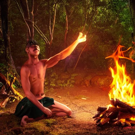 Image similar to spartan doing ayahuasca ritual at camp fire, jungle background, full moon with stars, hyper realistic award winning photographic portrait, dramatic cinematic lighting