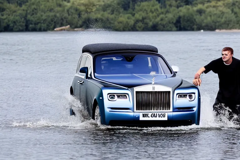 Image similar to Teenagers push Rolls-Royce into lake with their hands from a small slide wanting to drown him