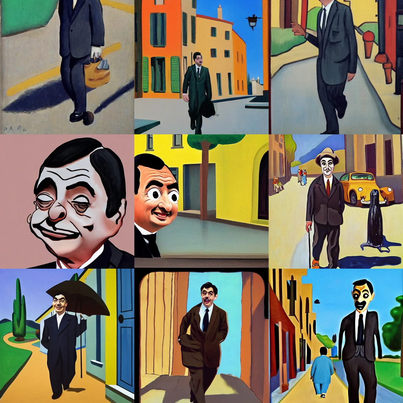 Prompt: mr. bean walks down a street on a sunny day by andre derain
