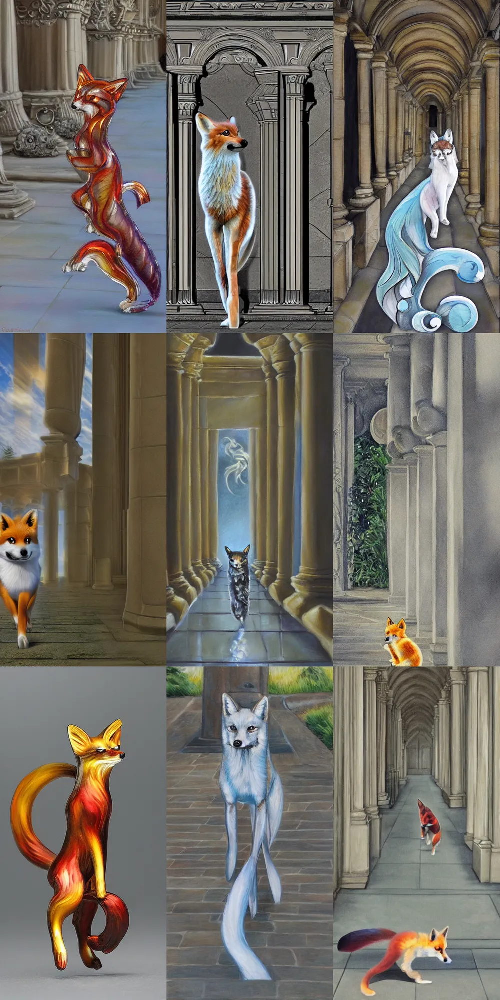 Prompt: fantasy art of a gorgeous glass fox walking along a colonnade, photorealistic, award winning