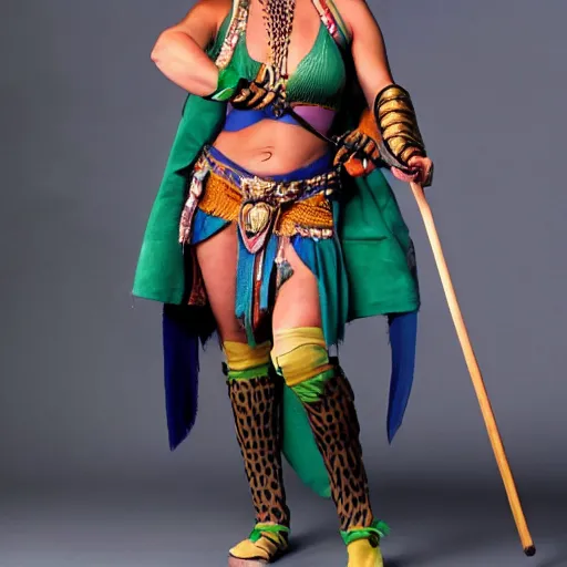 Image similar to full body photo of a female jester amazon warrior