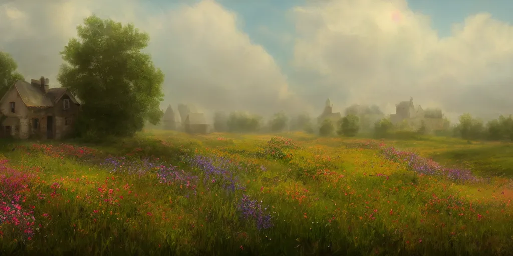 Image similar to a matte painting of a european prairie, cottages, foggy, patchy flowers, oil painting, pale colors, high detail, 8 k, wide angle, trending on artstation,