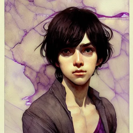 Prompt: young boy, black hair, purple eyes, gorgeous, amazing, delicate, elegant, intricate, highly detailed, watercolor, portrait, artstation, concept art, sharp focus, illustration, art by artherm and greg rutkowski and alphonse mucha