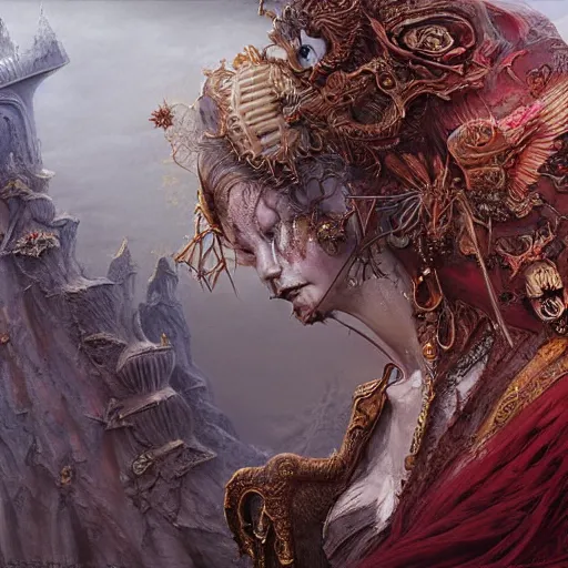 Image similar to a beautiful detailed 3d matte painting of female empress of the dead, by ellen jewett, tomasz alen kopera and Justin Gerard, symmetrical features, ominous, magical realism, texture, intricate, ornate, royally decorated, skull, skeleton, whirling smoke, embers, red adornements, red torn fabric, radiant colors, fantasy, trending on artstation, volumetric lighting, micro details, 3d sculpture, ray tracing, 8k