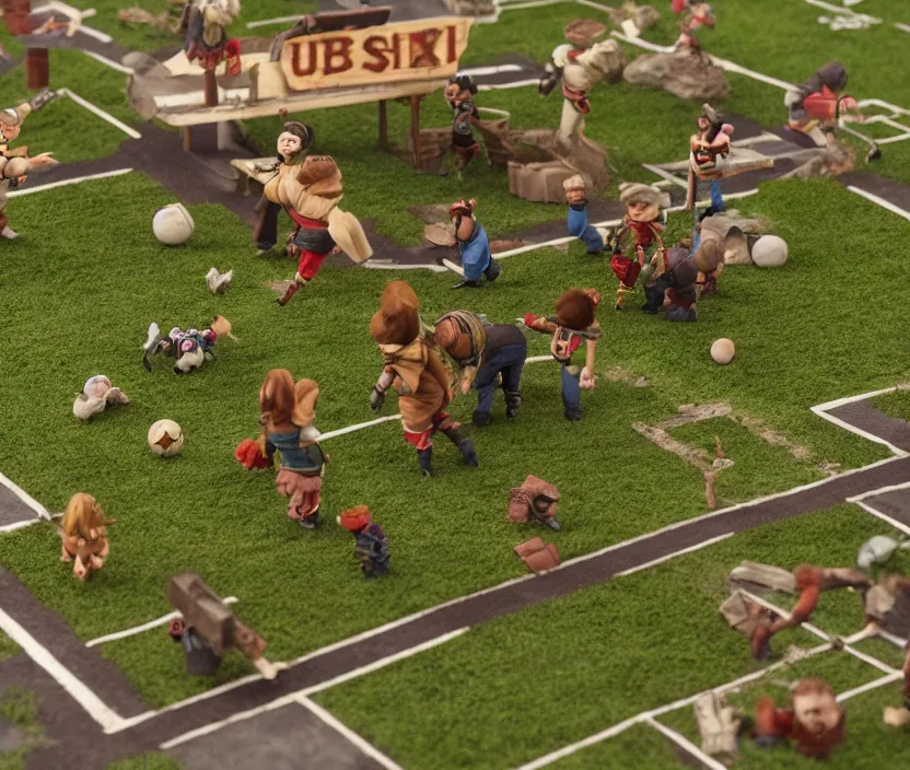 Prompt: subuteo game on a table but each player is Warwick Davis in the film Willow. 8k octane render unreal engine