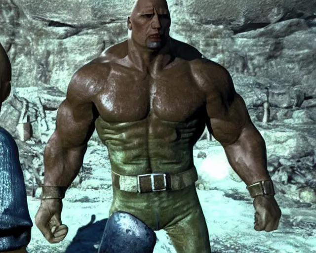 Prompt: Fallout 1 talking head of Dwayne Johnson, screenshot from Fallout (1997)