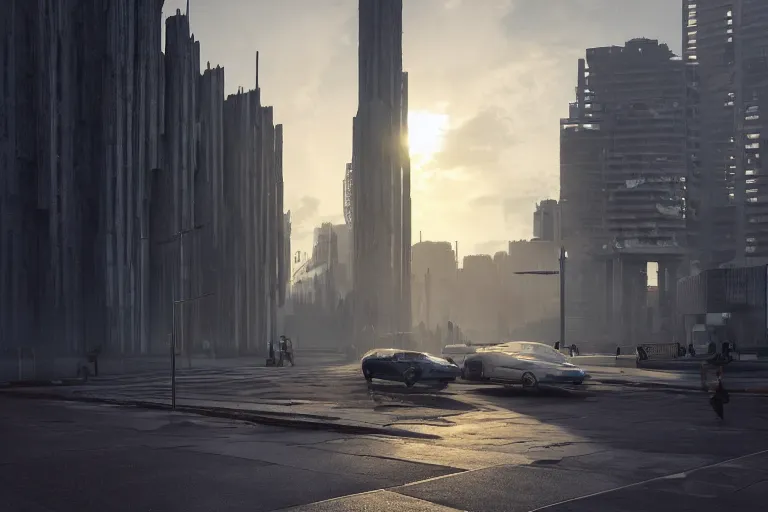 Image similar to streetscape, a towering cathedral of brutalist architecture, buildings covered with greebles, stunning volumetric light, sunset, metal, concrete and translucent material, stunning skies, majestic landscape, trending on Artstation, 8k, photorealistic, hyper detailed, unreal engine 5, IMAX quality, cinematic, epic lighting, in the style of Greg Rutkowski