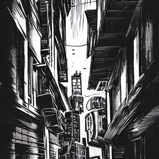 Image similar to beautiful landscape of gotham city back alley in the night with girl walking on the street, grayscale color scheme, comic book artstyle, by jack kirby