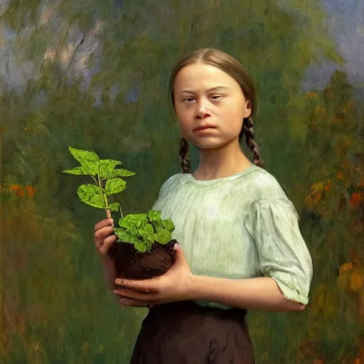 Prompt: Crying Greta Thunberg holding a green plant, impressionism, barren earth, gloomy colors, brown background, vivid attention to detail, by Greg Rutkowksi and Ilya Repin and Ander Duran