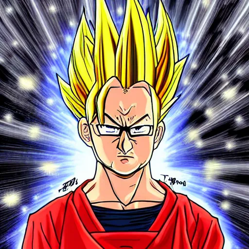 Image similar to François hollande transforming into super saiyan, drew by akira toryama