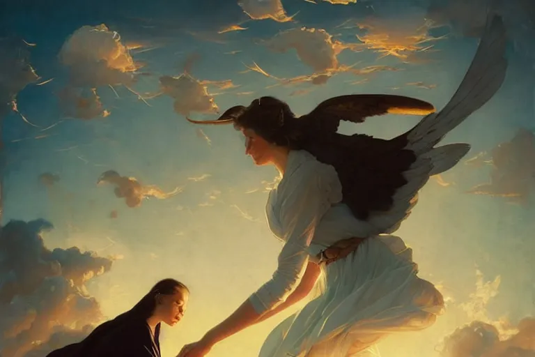 Image similar to she dreamed of flying in the clouds with ghosts of yesteryear, golden hour, mystical, smooth, sharp focus, fantasy, 85mm, DOF, art by Caravaggio, Greg rutkowski, Sachin Teng, Thomas Kindkade, Norman Rockwell, Tom Bagshaw