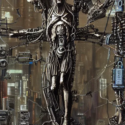 Image similar to a man crucified on a cybernetic sci - fi cross, full of computer elements and cables, symbolic, intricate, hyperdetailed, religious, painting, cyberpunk, in a style of h. r. giger