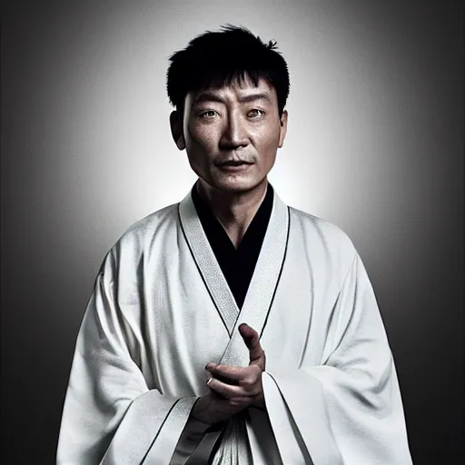 Image similar to portrait painting of a 3 5 - year - old chinese man, taoist priest, dressed in black and white taoist robe, like andy lau, immortal bone, affable ， wenjun lin, unreal engine 5 highly rendered, global illumination, radiant light, detailed and intricate environment
