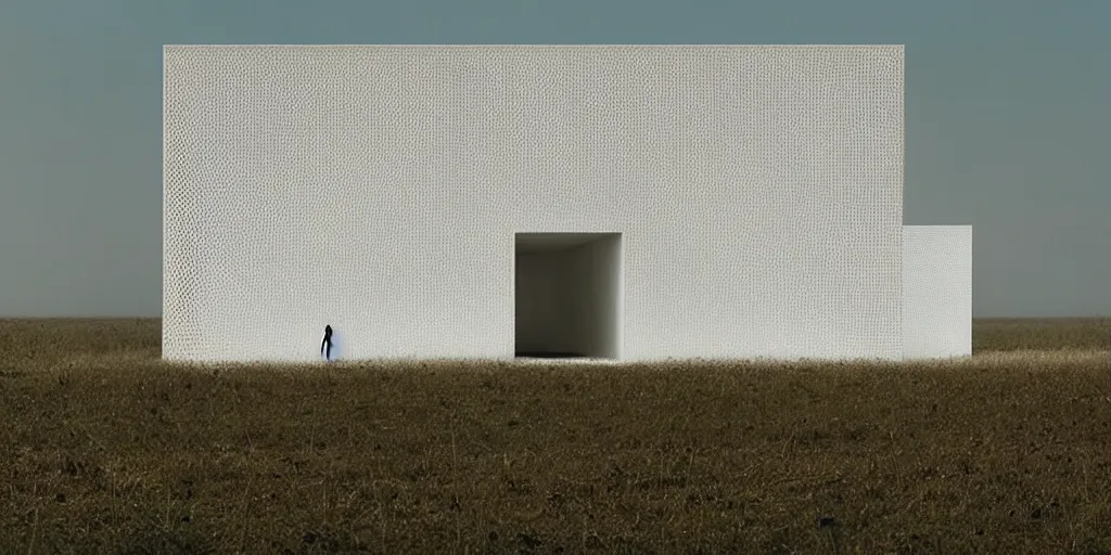 Prompt: real white honeycomb organic building sits in the landscape, film still from the movie directed by denis villeneuve aesthetic with art direction by zdzisław beksinski, telephoto lens, shallow depth of field