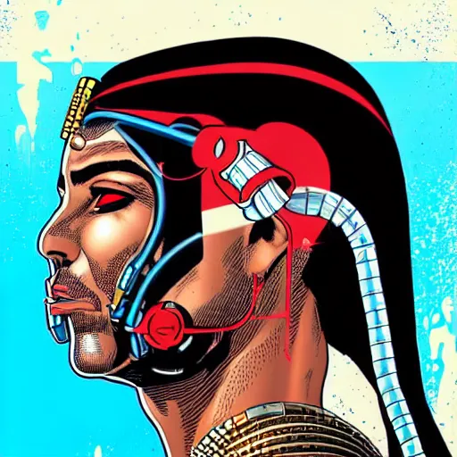 Image similar to a profile photo of a egyptian man with a diving oxygen mask with side profile blood in ocean intricate details by MARVEL comics and Sandra Chevrier-C