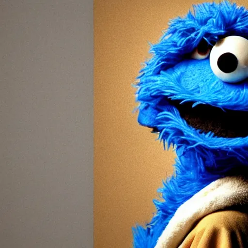 Prompt: cookie monster as girl with pearl earring