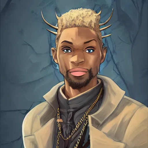 Image similar to african american man with blue eyes, blonde hair, horns, wearing steampunk attire, highly detailed, digital painting, artstation, matte, by makoto shinkai, animation style