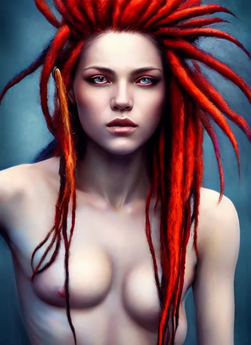 Image similar to photograph of gorgeous woman with half white half red dreadlocks in the style of stefan kostic, realistic, half body shot, sharp focus, 8 k high definition, insanely detailed, intricate, elegant, art by stanley lau and artgerm, foggy backgeound