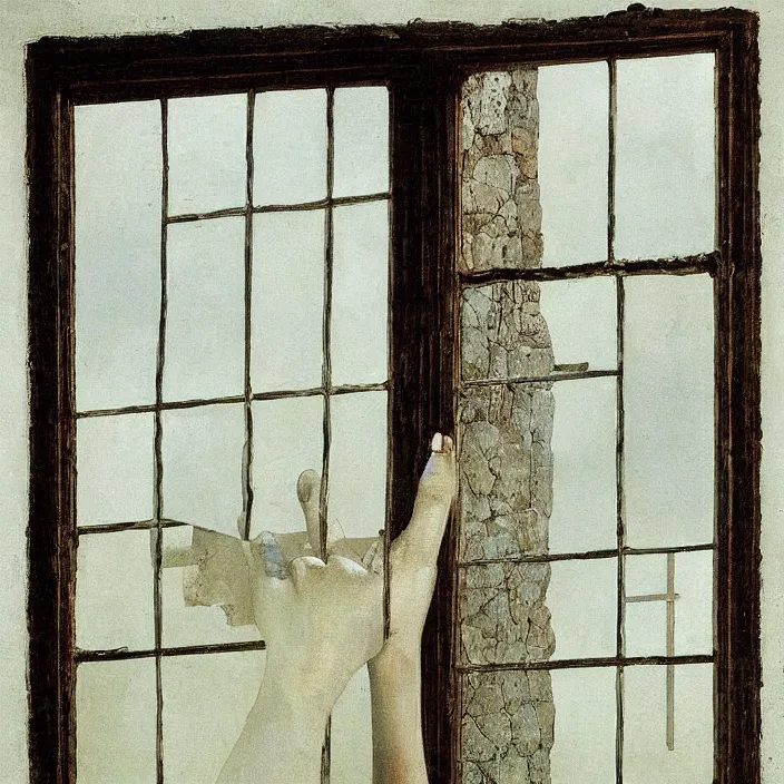 Prompt: painting of a broken window with the bloody hand of a woman sticking through the glass by caspar david friedrich