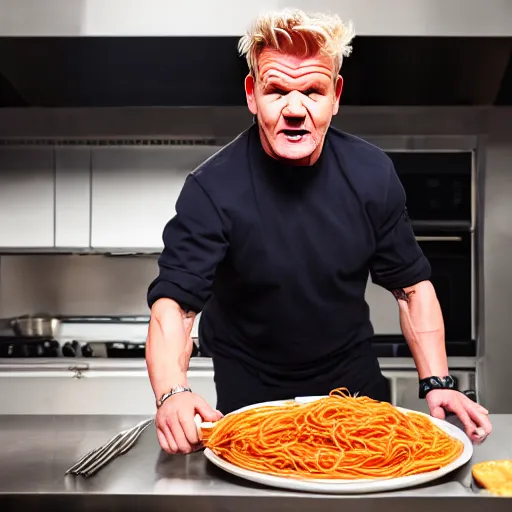 Prompt: gordon ramsay, throwing spaghetti, yelling at eminem, cooking show, very detailed, realistic, 4 k, professional photography