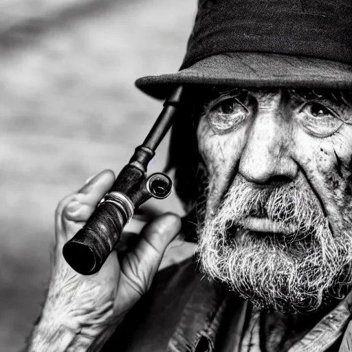 Image similar to close-up of a sad tired old man with a pipe, XF IQ4, 150MP, 50mm, f/1.4, ISO 200, 1/160s, natural light, Adobe Photoshop, Adobe Lightroom, DxO Photolab, Corel PaintShop Pro, rule of thirds, symmetrical balance, depth layering, polarizing filter, Sense of Depth, AI enhanced