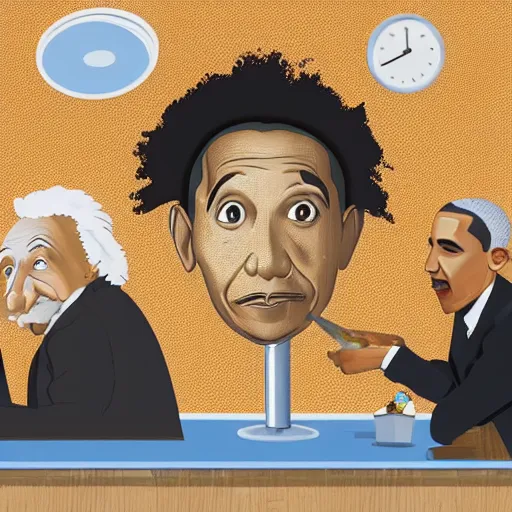 Prompt: Einstein and Obama taking a shit on table at McDonalds, ultra detailed, photorealistic, dramatic lighting