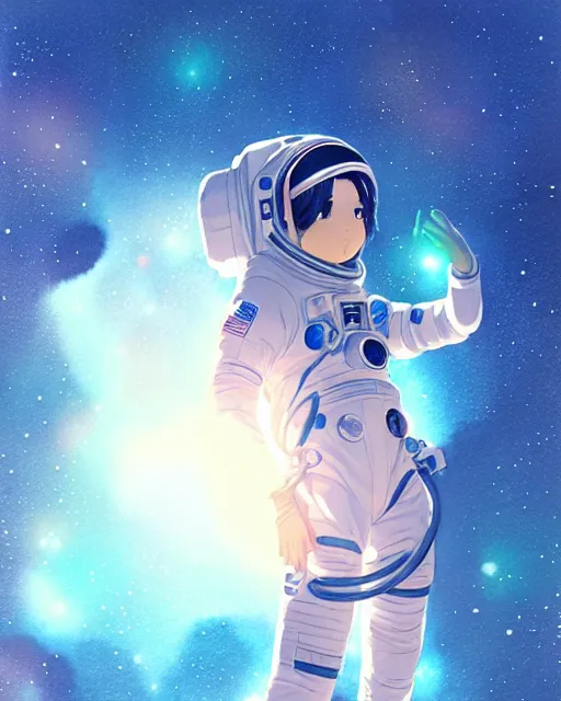 Image similar to oriental water color of a cute female astronaut, floating through space, backlit, by makoto shinkai