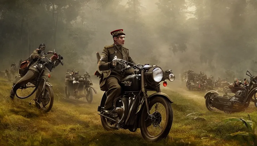 Image similar to a british officer driving a motorcycle at high speed in 1921 in kerala forest road, local people chasing to attack, furious action scene, chase, an epic fantasy, dramatic lighting, cinematic, establishing shot, extremely high detail, photorealistic, cinematic lighting, artstation, by simon stalenhag, shadow of the tomb rider