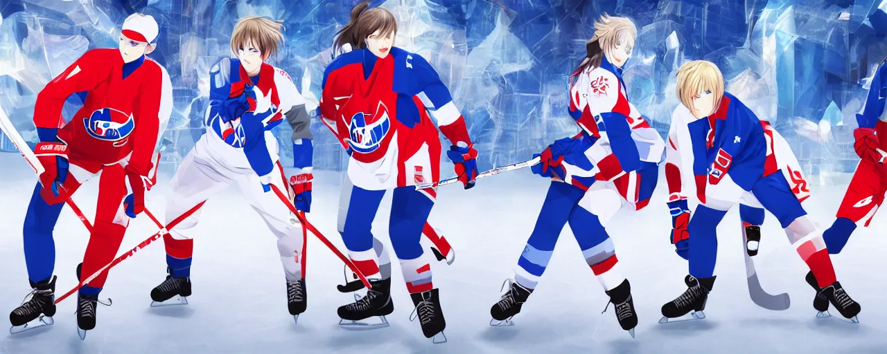 Image similar to females akira anime ice hockey players, wearing a light futuristic suit, habs and nordiques jerseys, blue white and red color blocking, character concept exploration, outfit designs, trending on artstation, photorealistic, 8k, background of vast ice rink tv crews and crazy crowd