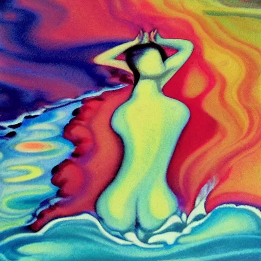 Image similar to woman washes her feet in the fast flowing river and gathers the colors and sounds to welcome the new day, abstract art in the style of geogia o keefe,