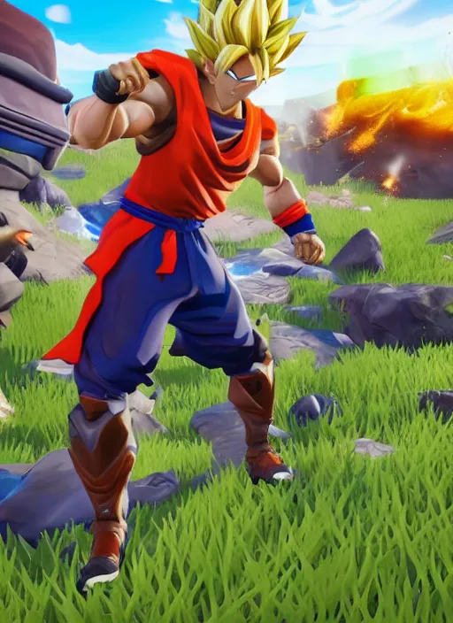 Image similar to game still of a sayan goku as a fortnite skin in fortnite by fortnite, pose.