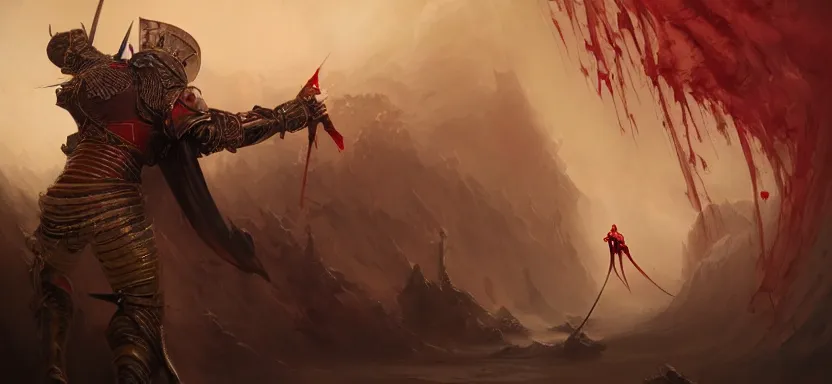 Image similar to sacred vampire against a knight, red sea, sword attack, acanthus scroll, ceremonial clouds, dripping paint, fibonacci rhythm, artstation, art germ, wlop, karol bak, christopher balaskas, ross tran