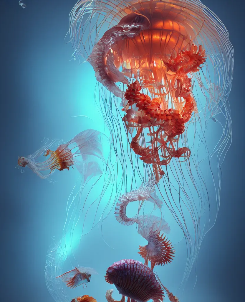 Image similar to human thorax, rib cage, ribs jellyfish phoenix head, nautilus, orchid, skull, betta fish, bioluminiscent creatures, intricate artwork by Tooth Wu and wlop and beeple. octane render, trending on artstation, greg rutkowski very coherent symmetrical artwork. cinematic, hyper realism, high detail, octane render, 8k