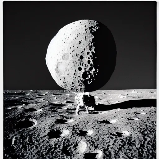 Prompt: the moon landing on a russet potato, black and white, film grain, light bleed