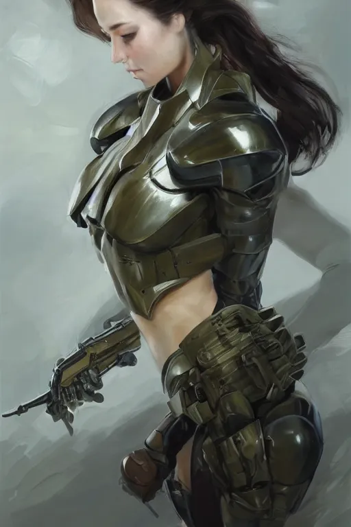 Image similar to a professionally painted portrait of an attractive young woman, clothed in military armor, olive skin, long dark hair, beautiful bone structure, symmetrical facial features, intricate, elegant, digital painting, trending on Artstation, concept art, smooth, sharp focus, illustration, from Metal Gear by Ruan Jia and Mandy Jurgens and Artgerm and William-Adolphe Bouguerea, award winning