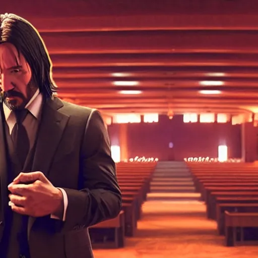 Image similar to cinematic still of John Wick speaking at a megachurch in John Wick (2009). Joel Osteen ministries. dynamic lighting. shallow depth of field, cinematic