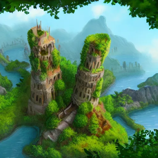 Image similar to Flying island with stone tower and a lot of jungle trees , 8k, detailed, concept art, trending on artstation