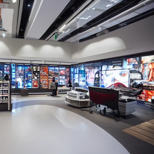 Prompt: interior photography of a Microsoft Samsung flagship store in the style of Denis Villeneuve, guardians of the Galaxy the last jedi, retaildesignblog, dezeen, 14mm, pentax, film