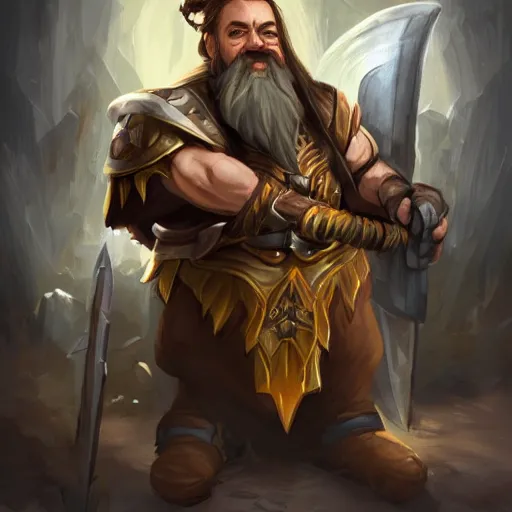 Prompt: portrait, 40 years old man :: fantasy dwarf, thin :: beard, brown eyes, short pure white hair :: full plate armor, golden emblems :: high detail, digital art, RPG, concept art, illustration