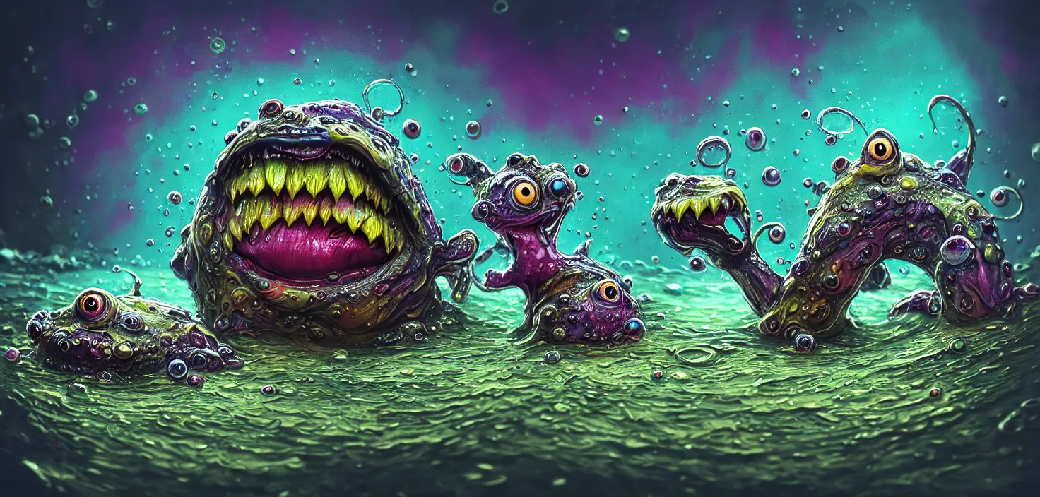 Prompt: intricate colourful murky with strange cute friendly angry crazy creatures tadpole with huge beauty eyes long tongue triangle teeth and scary face appearing from the water, in the style of craola, macro lens, shallow depth of field, highly detailed, digital painting, trending artstation, concept art, illustration, cinematic lighting, vibrant colors, photorealism, epic, octane render