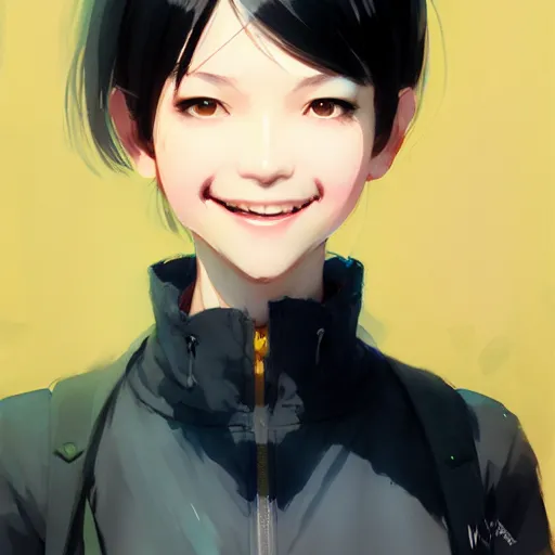 Image similar to character design portrait of a smile grocery asia woman ， black hair, wearing a down jacket, looking at the camera, 4 k, concept art, by wlop, wenjun lin, watercolor, ilya kuvshinov, artgerm, krenz cushart, pixiv.