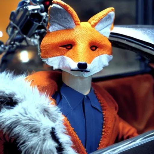 Prompt: a man dressed as a fox, detailed head, detailed face, in a delorean from the movie back to the future