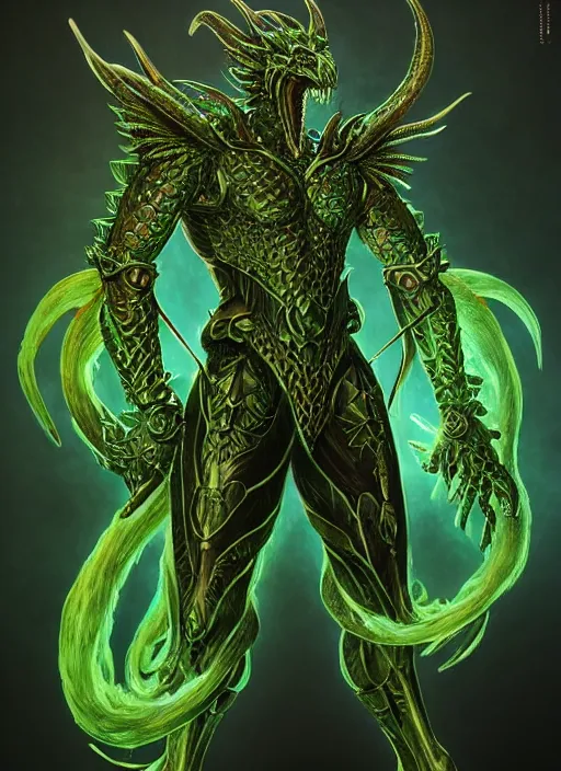 Image similar to muscular and tall green ghostly fire humanoid dragon!!!! draconian!! intricate ornate iridescent heavy armor!! character concept art, sharp focus, octane render! unreal engine 5! highly rendered!! trending on artstation!! detailed linework!! illustration by artgerm, wlop, and chie yoshii