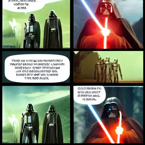 Image similar to a new star wars meme format with four panels, obi - wan kenobi, darth vader, yoda