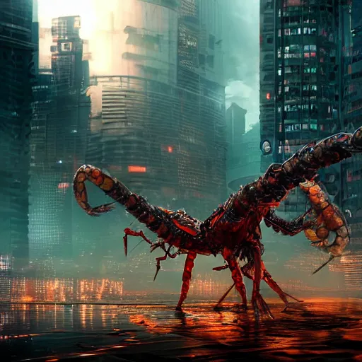 Image similar to a giant terrifying cyber shrimp destroying a dystopian city, cyberpunk, sharp focus, dynamic lights, still, photograph, hyper realistic, masterpiece, octane render, rendered, 3 d, cinematic, cinematic lighting, dramatic lighting, highly detailed, intricate details, texture, cinematic composition, by donglu yu and kevin jick and eddie del rio