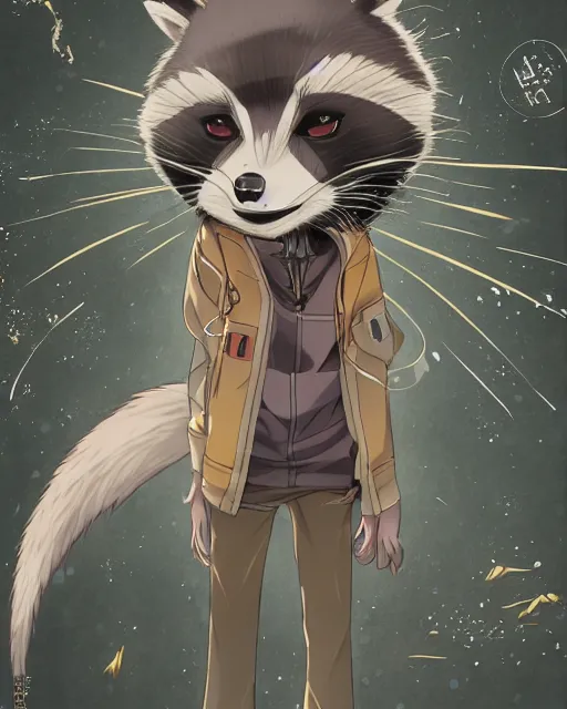 Image similar to key anime visuals of a an anthropomorphic raccoon. highly detailed, intricate, directed by makoto shinkai, anime manga style, trending on art station