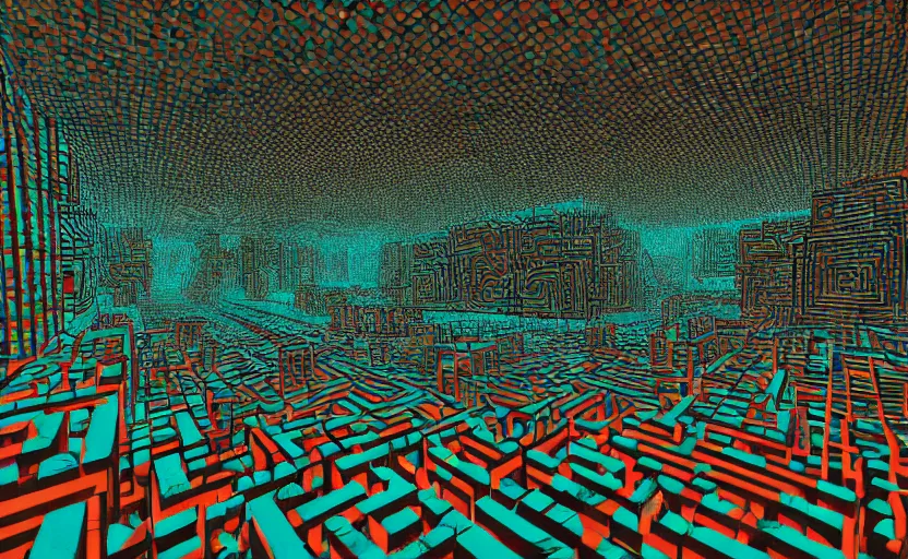 Image similar to interior of an elaborate labyrinth of runic cubes, endless maze - like tribal dark teal runes, ultrarealistic lighting, masterpiece by satoshi kon, crystal cubism, greeble, tesseract, darksynth, high definition