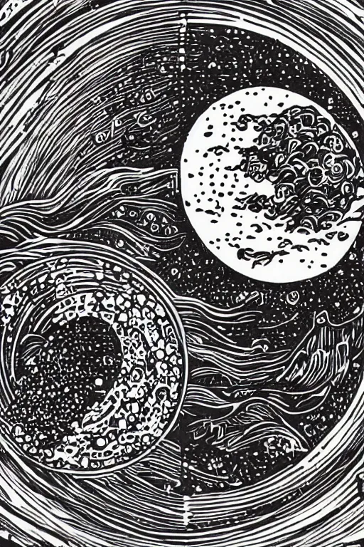 Image similar to The phases of the moon, lino cut, trending on artstation, artstationHD, artstationHQ, 4k, 8k