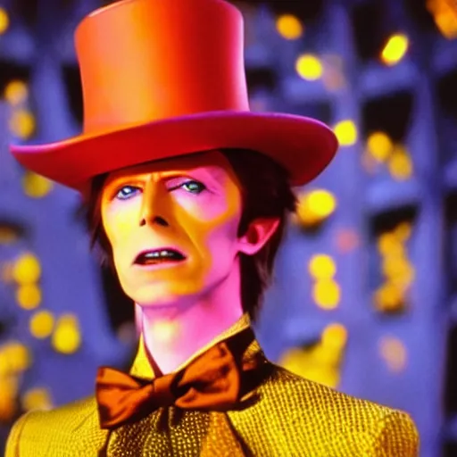 Image similar to photorealistic movie still of David Bowie as Willy Wonka 4k HDR amazing lighting