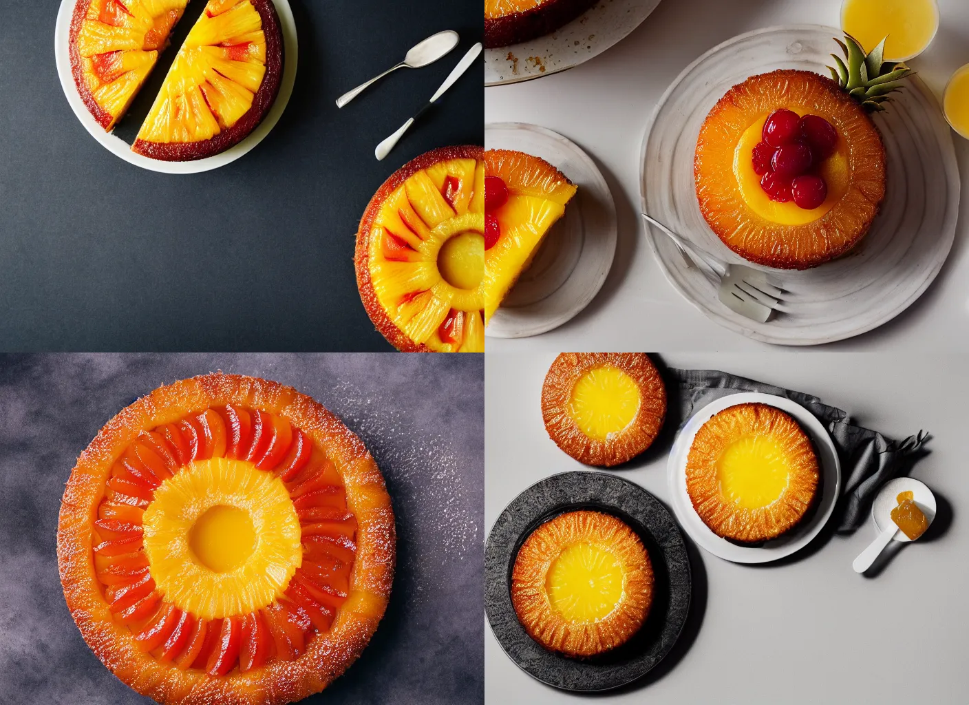 Prompt: the one pineapple upside down cake to rule them all, food photography, studio lighting, high contrast, 500px, 35mm